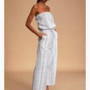Lulu's Honest Heart Beige and Blue Striped Strapless Culotte Jumpsuit